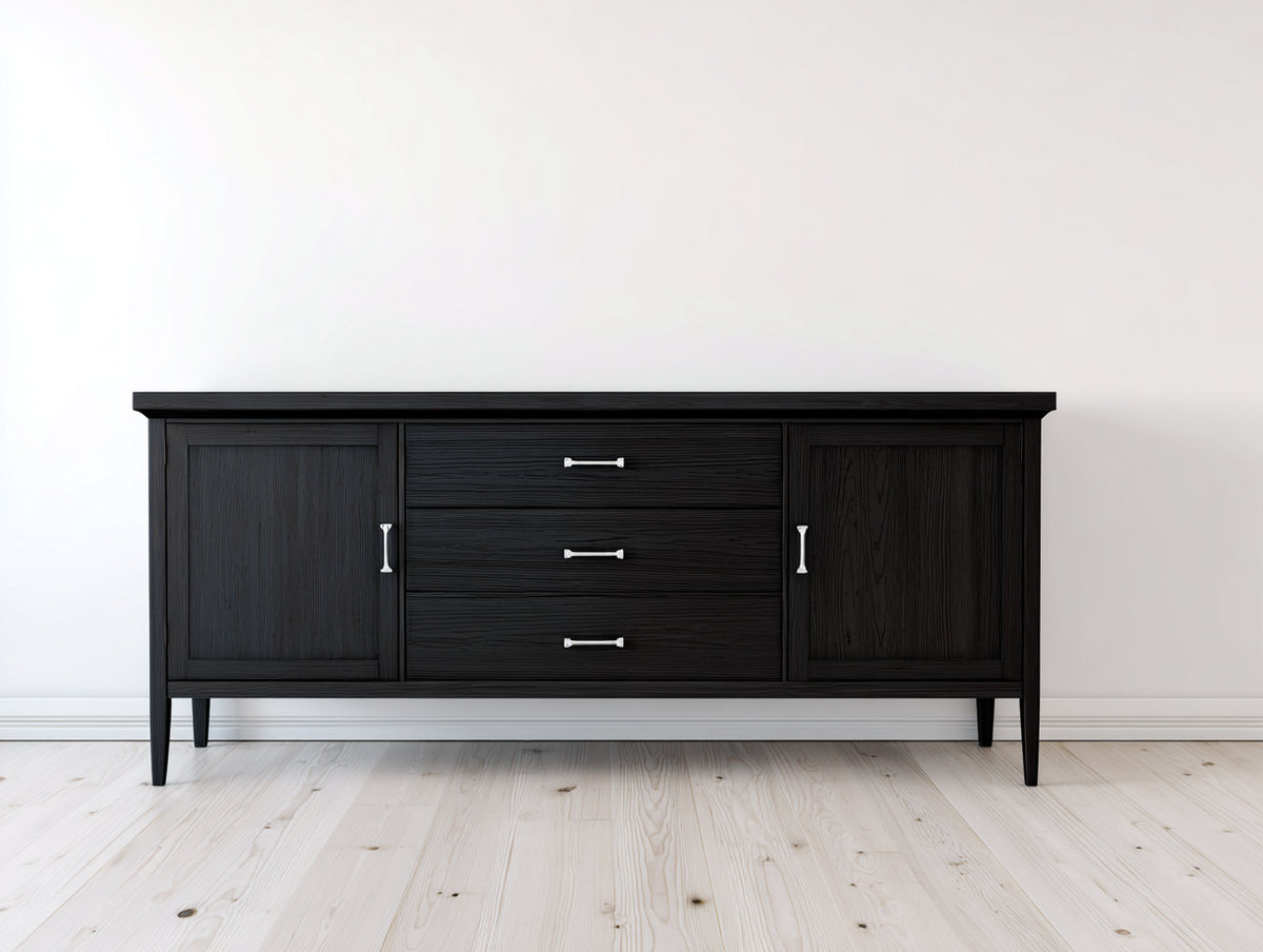 Mueble recibidor de madera con 3 cajones y 2 puertas 170x42x85 cm - Negro y plateado - Diseño clásico con almacenamiento combinado