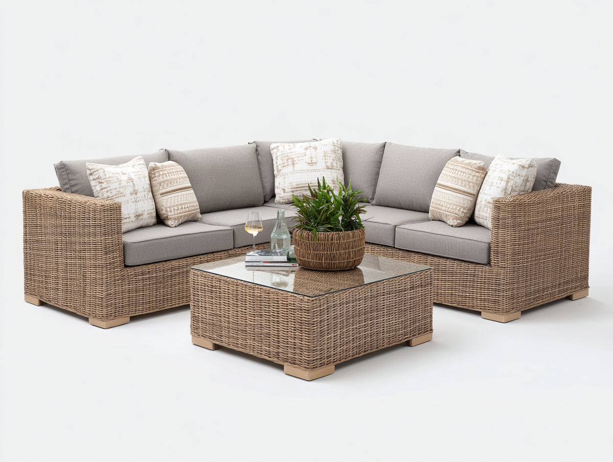 Sofás de exterior de ratán 260x260x78 cm - marrón natural-gris topo - conjunto esquinero moderno con mesa de centro