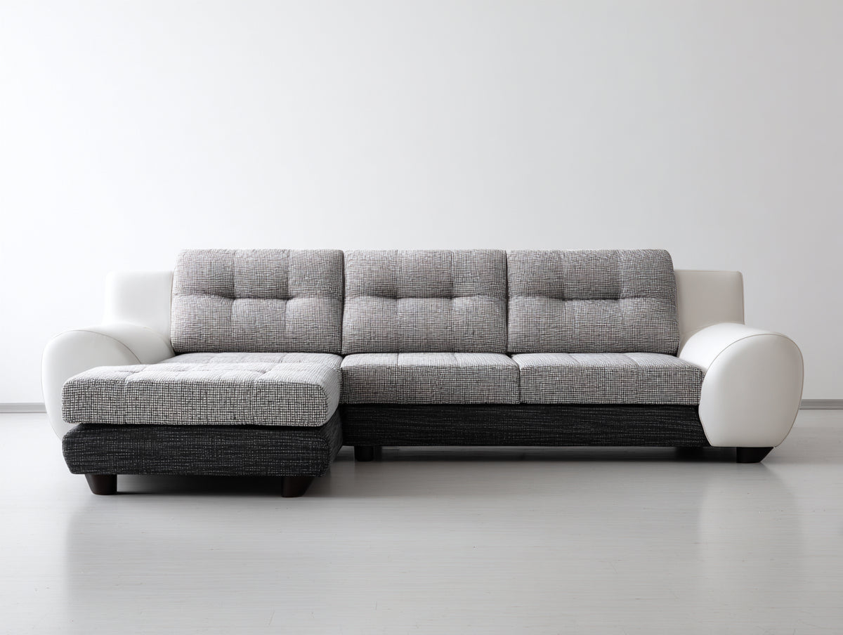 Sofás de esquina tapizado en tela 260x165x90 cm - gris claro blanco y negro - chaise longue y respaldos capitoné