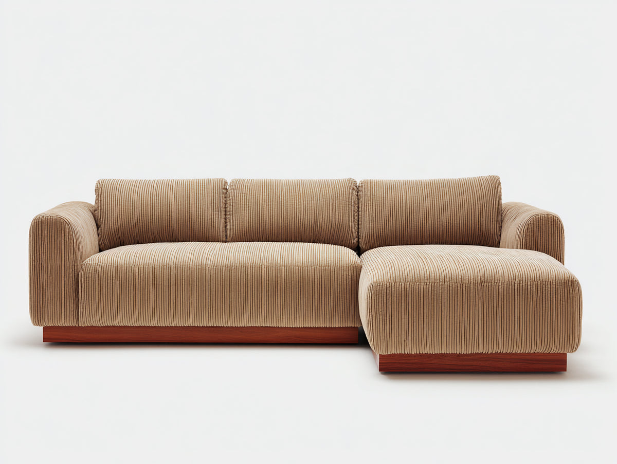 Sofá de esquina tapizado en pana 245x165x85 cm - Beige tostado y madera oscura - Chaise longue con cojines amplios y diseño contemporáneo