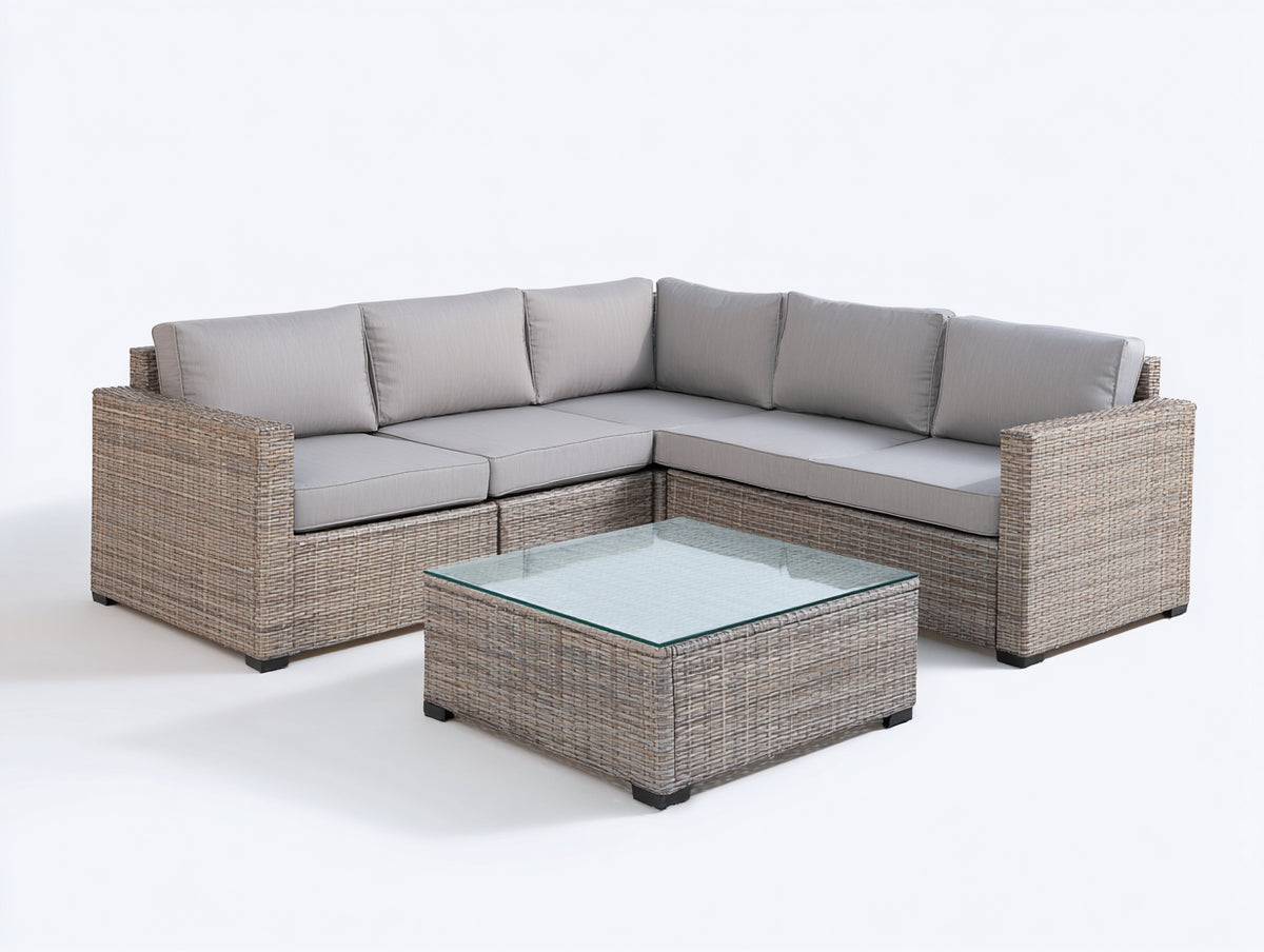 Sofás de exterior de ratán 250x250x76 cm - gris topo-gris claro - conjunto esquinero moderno con mesa de centro de vidrio