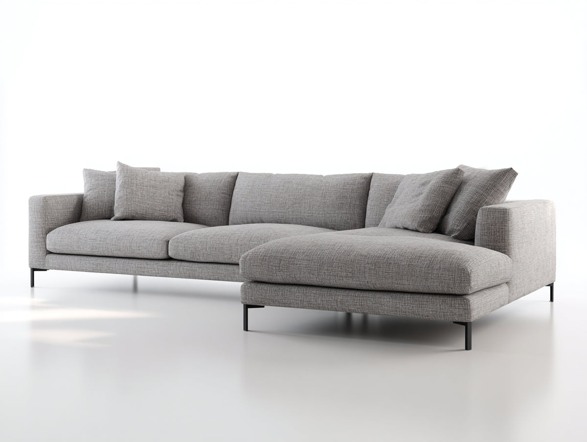 Sofás de esquina tapizado en tela 285x175x82 cm - gris claro - chaise longue y patas metálicas