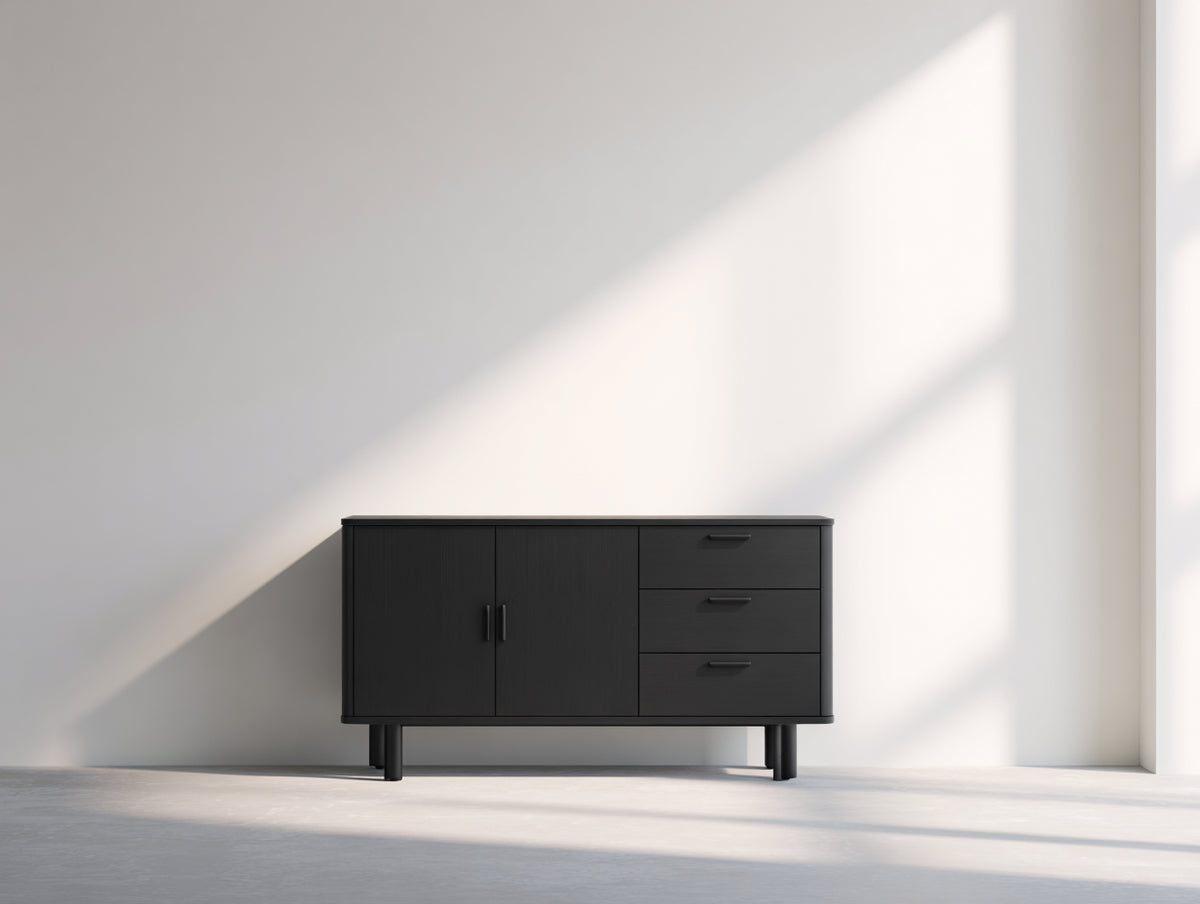 Mueble recibidor de madera 160 x 40 x 75 cm color negro con puertas y cajones estilo moderno