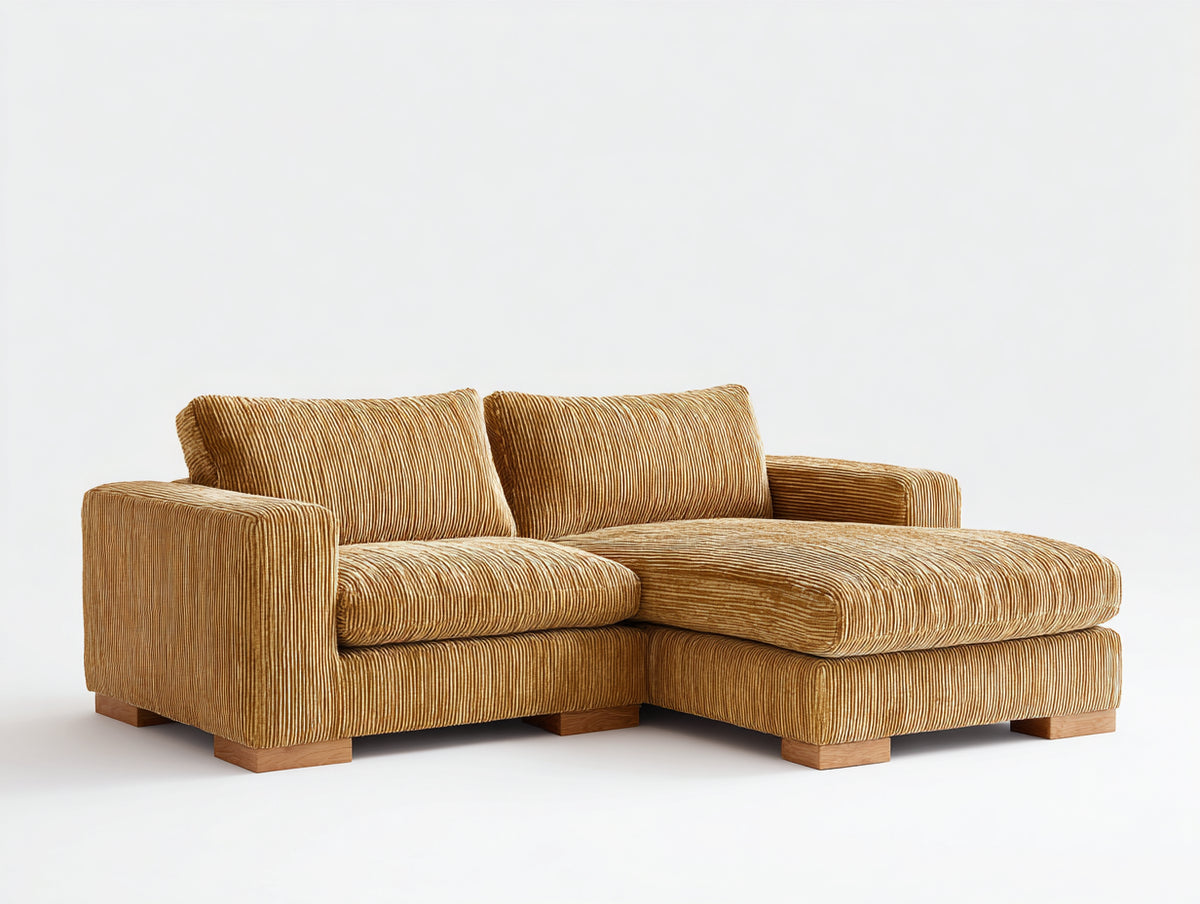 Sofás de esquina de tela 260x180x85 cm - color marrón dorado - diseño moderno para salón