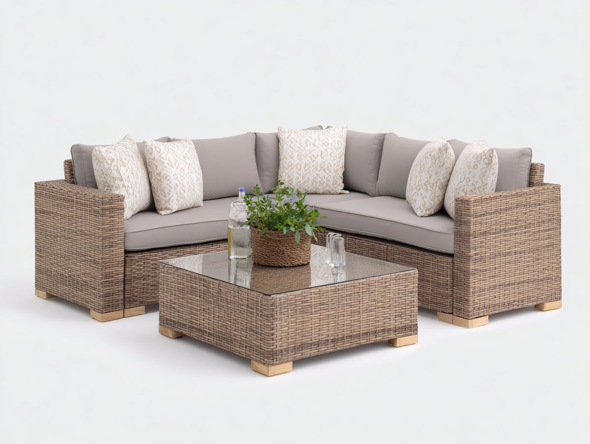 Sofás de exterior de ratán 220x220x75 cm - marrón claro y gris topo - conjunto esquinero con mesa cuadrada