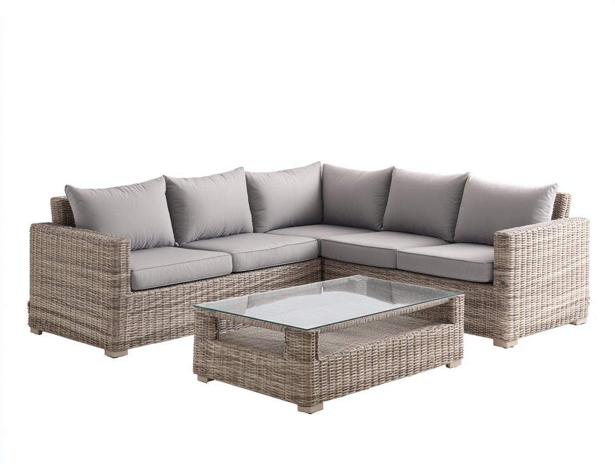 Sofá de exterior esquinero con mesa 245x245x82 cm - Marrón grisáceo gris claro y transparente - Estructura de ratán con cojines acolchados