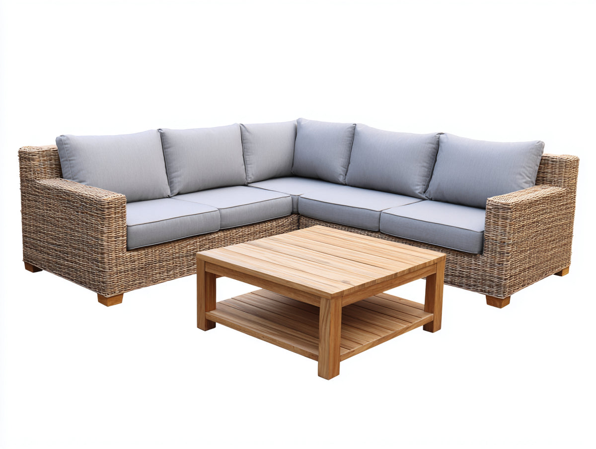 Sofá de exterior esquinero con mesa 250x250x82 cm - Marrón natural gris claro y madera natural - Estructura de ratán con cojines acolchados