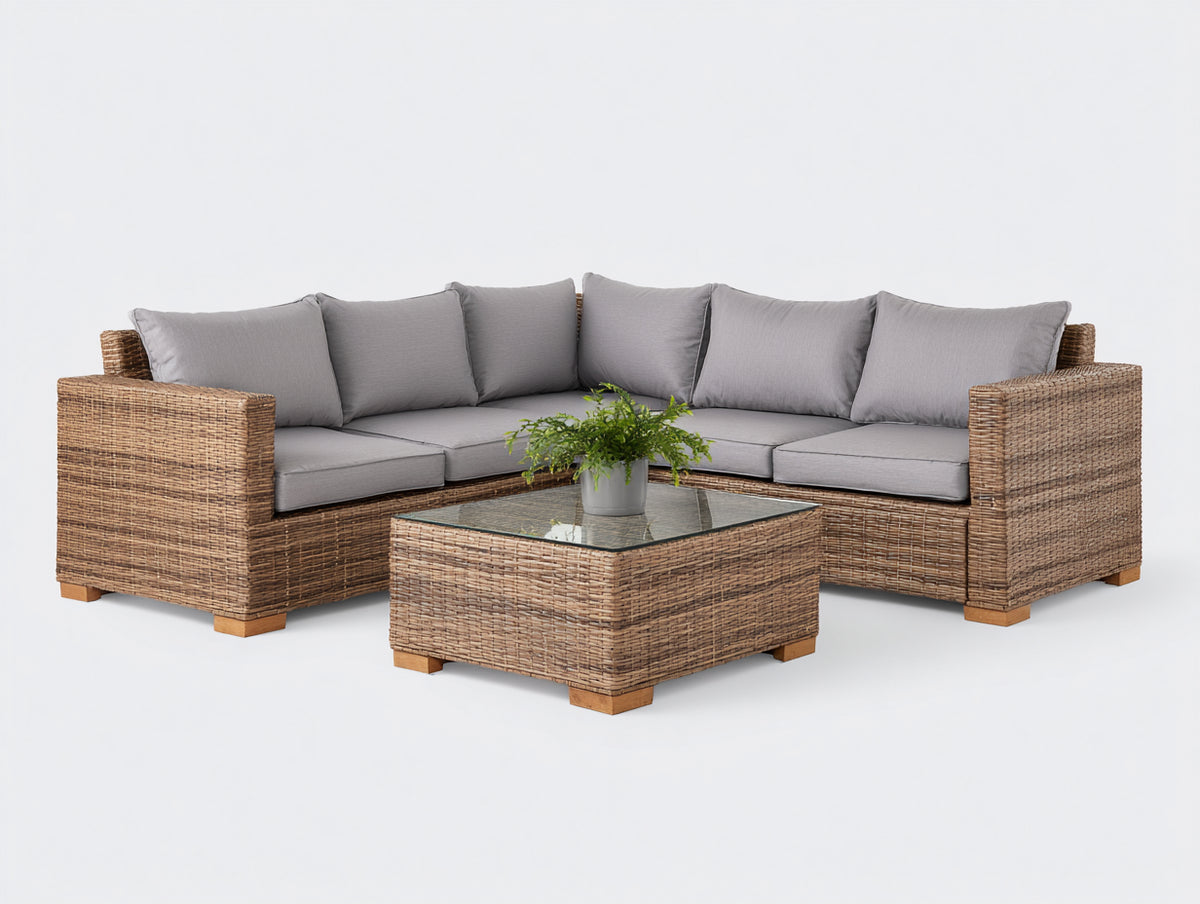 Sofás de exterior de ratán 260x260x78 cm - color marrón natural y gris claro - conjunto de esquina con mesa para jardín y terraza