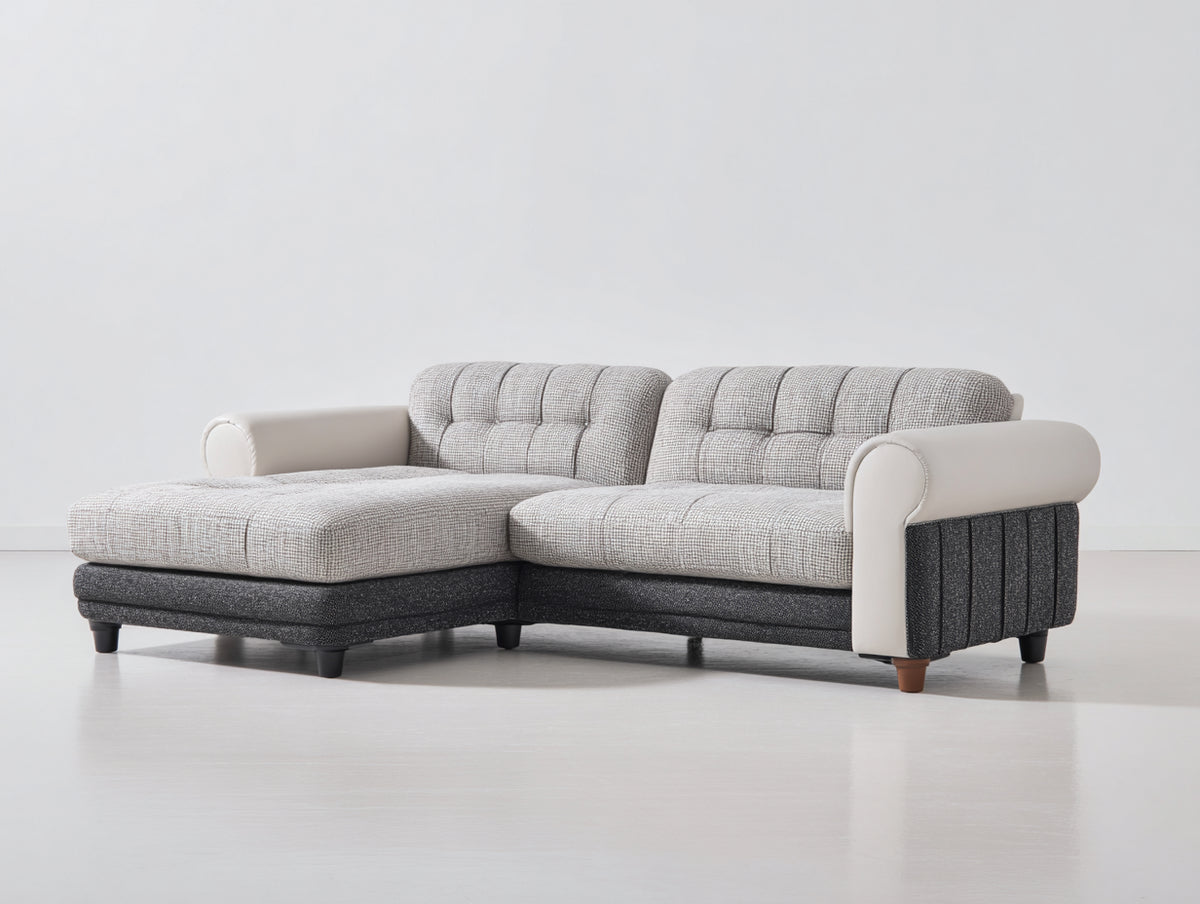 Sofá de esquina tapizado en tela 245x165x88 cm - Beige claro gris oscuro y blanco crema - Chaise longue con respaldo capitoné y brazos curvos