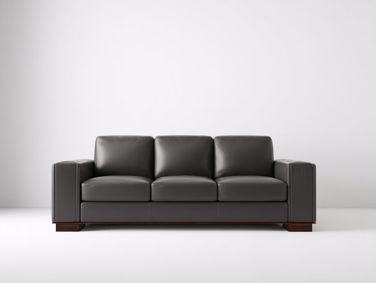 Sofá de 3 plazas tapizado en cuero 210x94x85 cm - Gris oscuro y madera oscura - Brazos rectos con cojines independientes