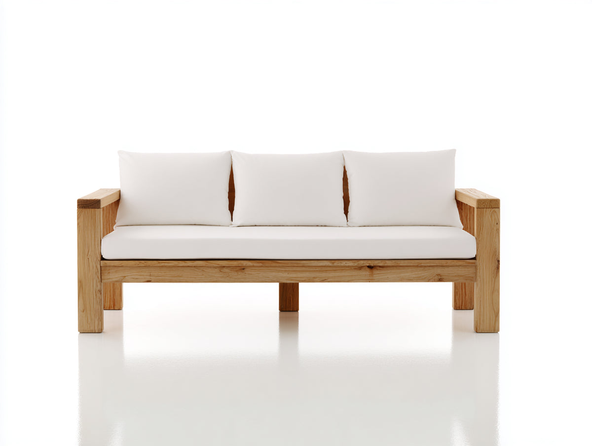 Sofá de exterior de madera para 3 personas 190x82x78 cm - Madera natural y blanco crema - Estructura robusta con cojines acolchados