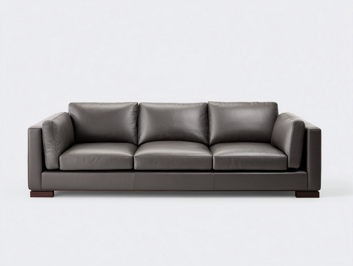 Sofá de 3 plazas tapizado en cuero 225x96x84 cm - Gris topo y madera oscura - Brazos rectos con cojines laterales acolchados