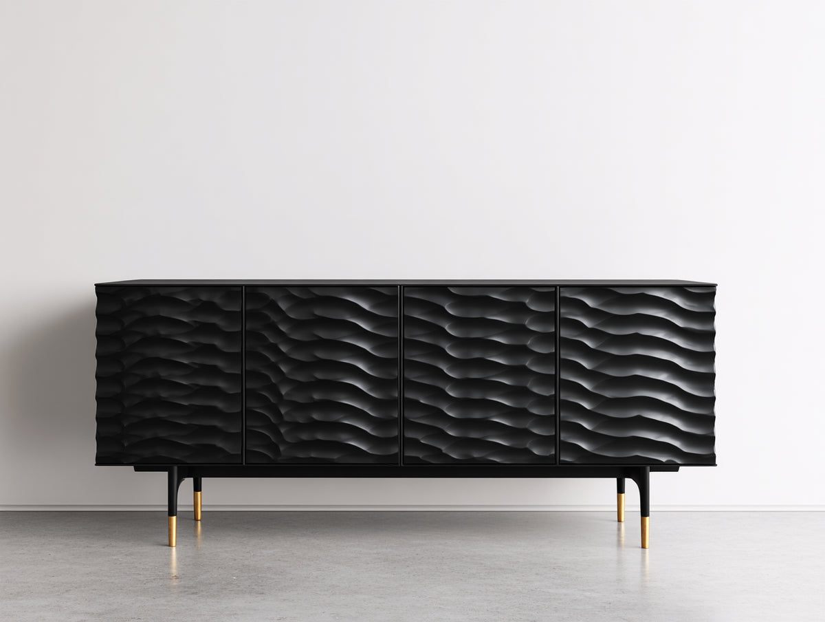 Mueble recibidor de madera con 4 puertas 180x42x82 cm - Negro y dorado - Frentes ondulados y diseño contemporáneo