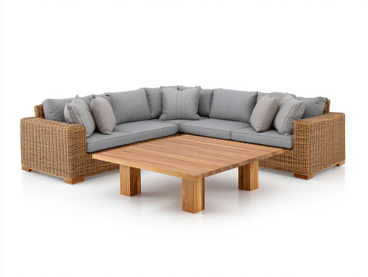 Sofás de exterior de ratán 280x280x80 cm - marrón miel-gris claro - conjunto esquinero moderno con mesa de centro de madera