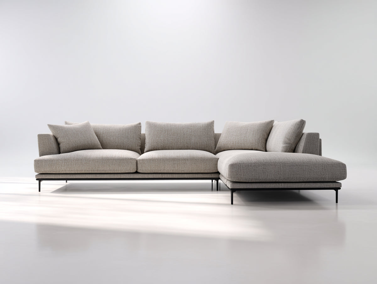 Sofás de esquina tapizados 290x170x84 cm - beige grisáceo-negro - diseño moderno con chaise longue y base elevada para salón