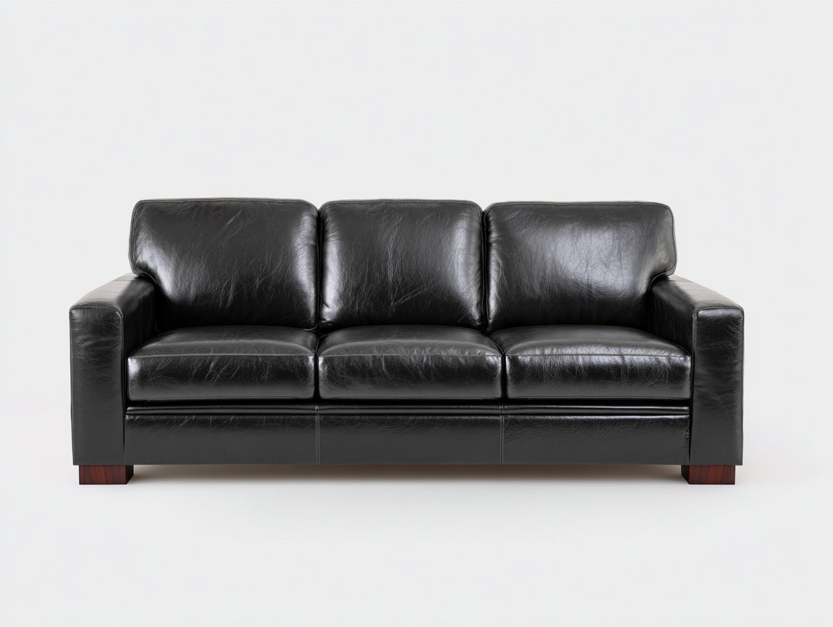 Sofá de 3 plazas tapizado en cuero 205x92x86 cm - Negro y madera oscura - Brazos rectos con cojines independientes