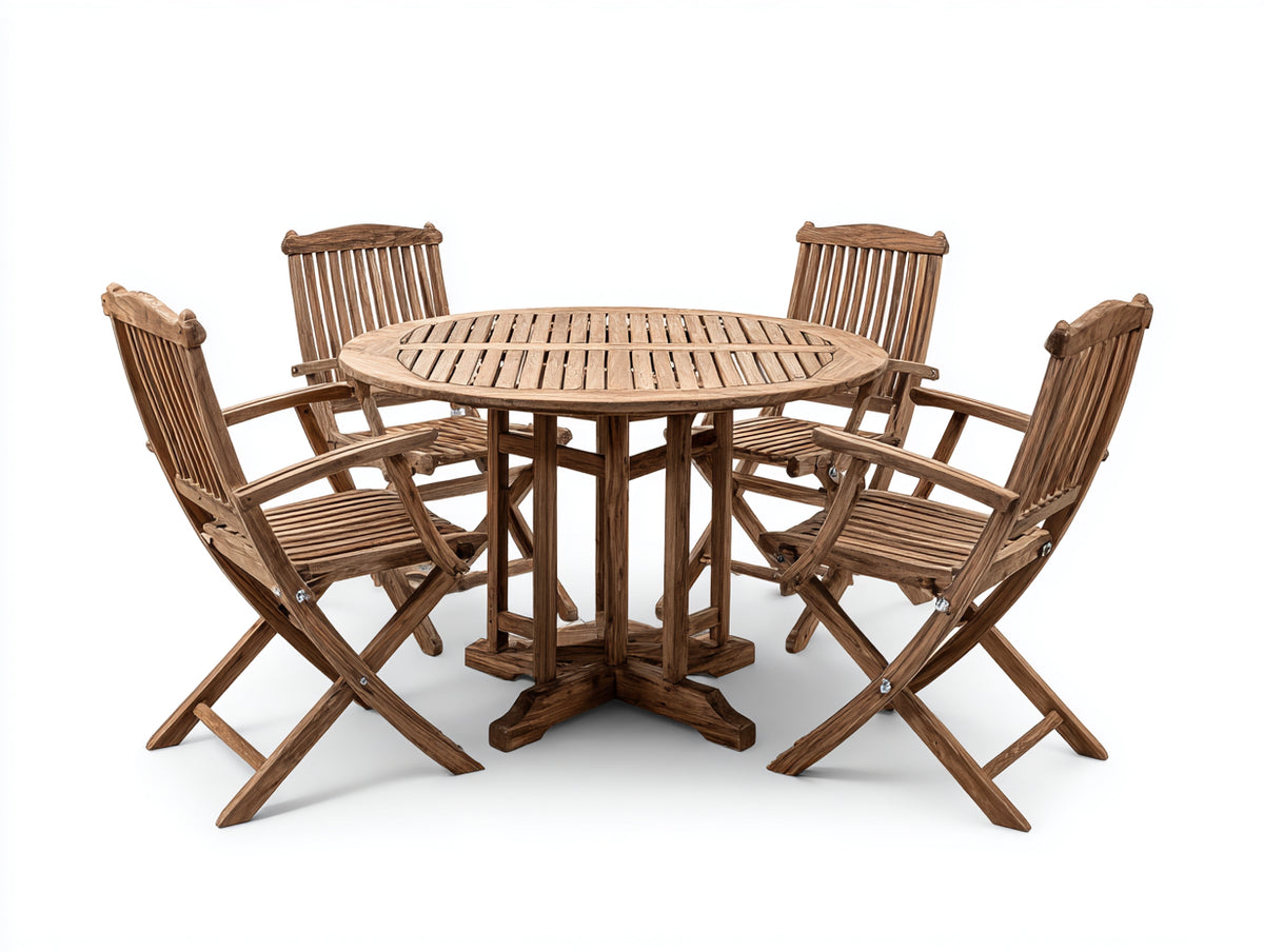 Conjunto de comedor de jardín de madera mesa redonda 120 cm con 4 sillas plegables color madera estilo clásico