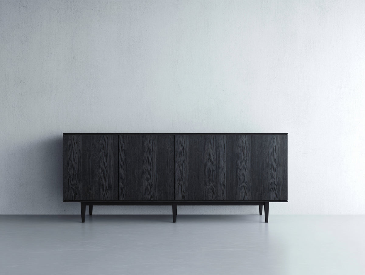Mueble recibidor de madera 185x43x80 cm - negro - diseño minimalista con 4 puertas y acabado veteado