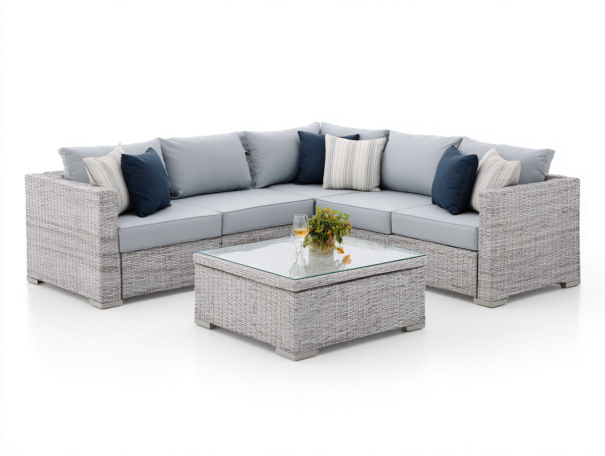 Sofás de exterior de ratán 230x230x78 cm - blanco envejecido y gris claro - conjunto esquinero con mesa cuadrada