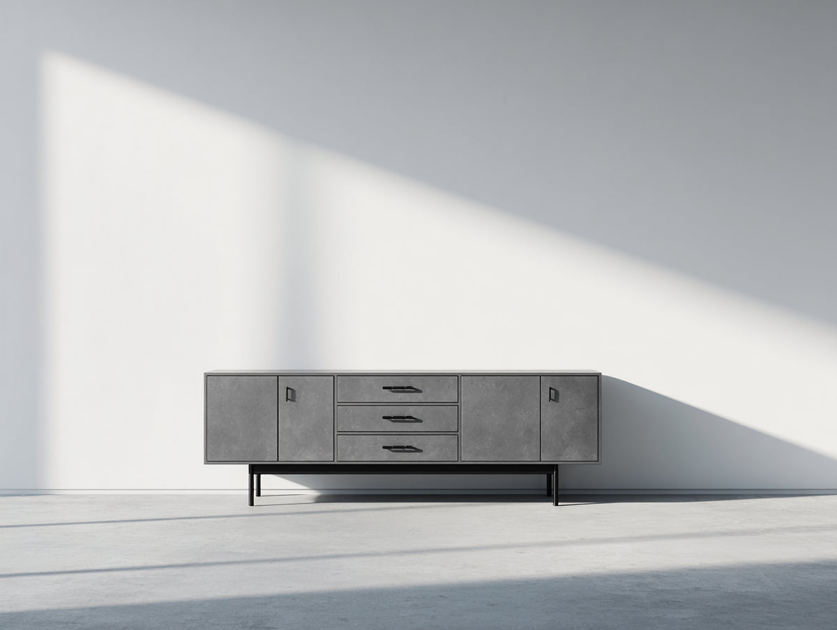 Mueble recibidor de madera 180x42x78 cm - gris-negro - diseño contemporáneo con 4 puertas y 3 cajones